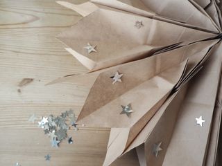 Christmas paper bag decorations, silver stars on paper bag
