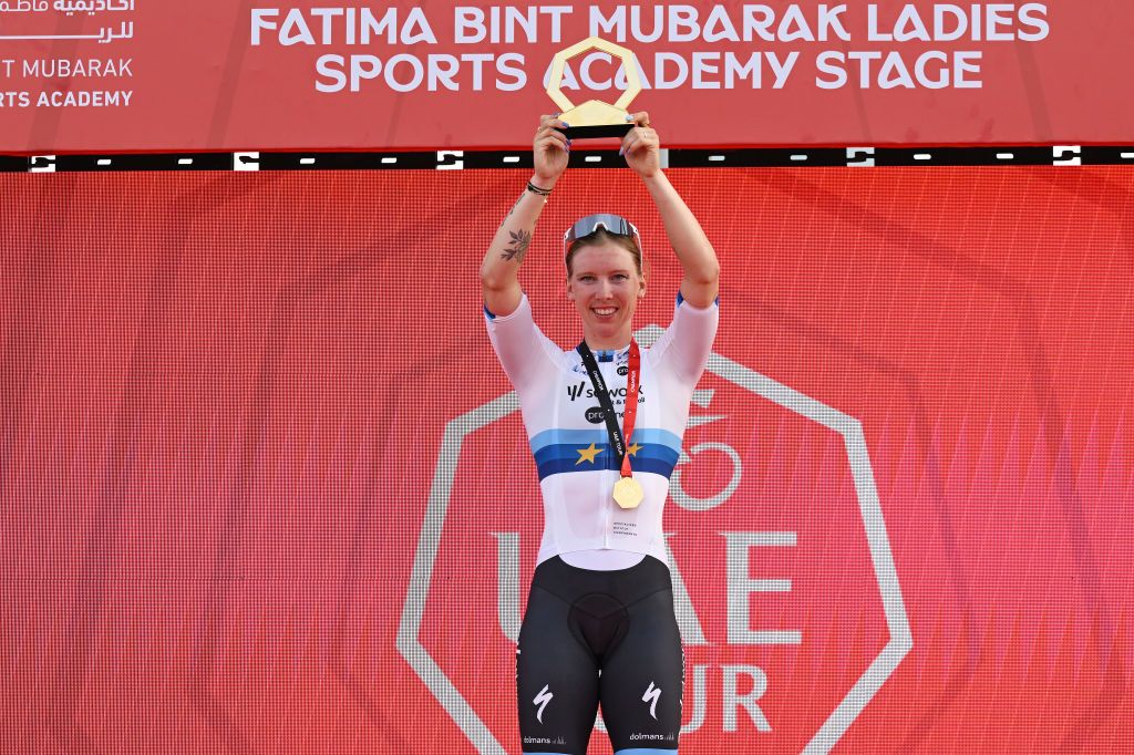 ABU DHABI BREAKWATER UNITED ARAB EMIRATES FEBRUARY 09 Lorena Wiebes of Netherlands and Team SD Worx Protime celebrates at podium as stage winner during the 3rd UAE Tour Women Stage 4 a 127km stage from Abu Dhabi Fatima Bint Mubarak Ladies Academy to Abu Dhabi Breakwater UCIWWT on February 09 2025 in Abu Dhabi Breakwater United Arab Emirates Photo by Tim de WaeleGetty Images