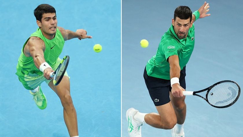 Side-by-side pictures of Carlos Alcaraz and Novak Djokovic stretching to play shots during the Australian Open 2026. 