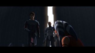 Still from Star Wars: Tales of the Jedi Season 1 Episode 5: Practice Makes Perfect. Here we see Ahsoka (orange skin, white face markings, white head tails with blue stripes) kneeling in front of Anakin Skywalker and Captain Rex (clone with white armor with blue markings).
