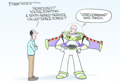 Political cartoon U.S. Mike Pence Space Force Toy Story Buzz Lightyear armed services