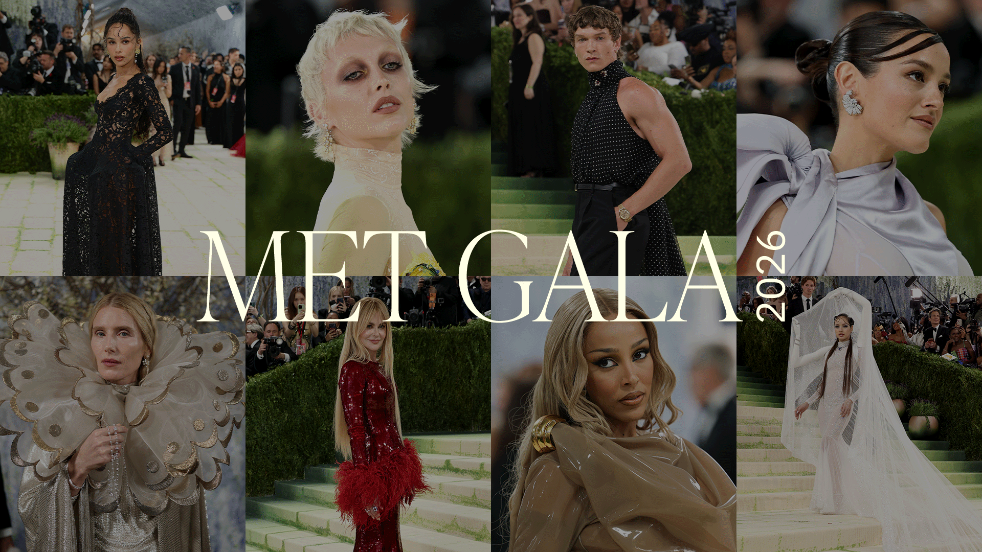 A gif collage featuring photos from the 2026 Met Gala red carpet of everyone from Emma Chamberlain to Kylie Jenner with the words "Met Gala 2026" on it.