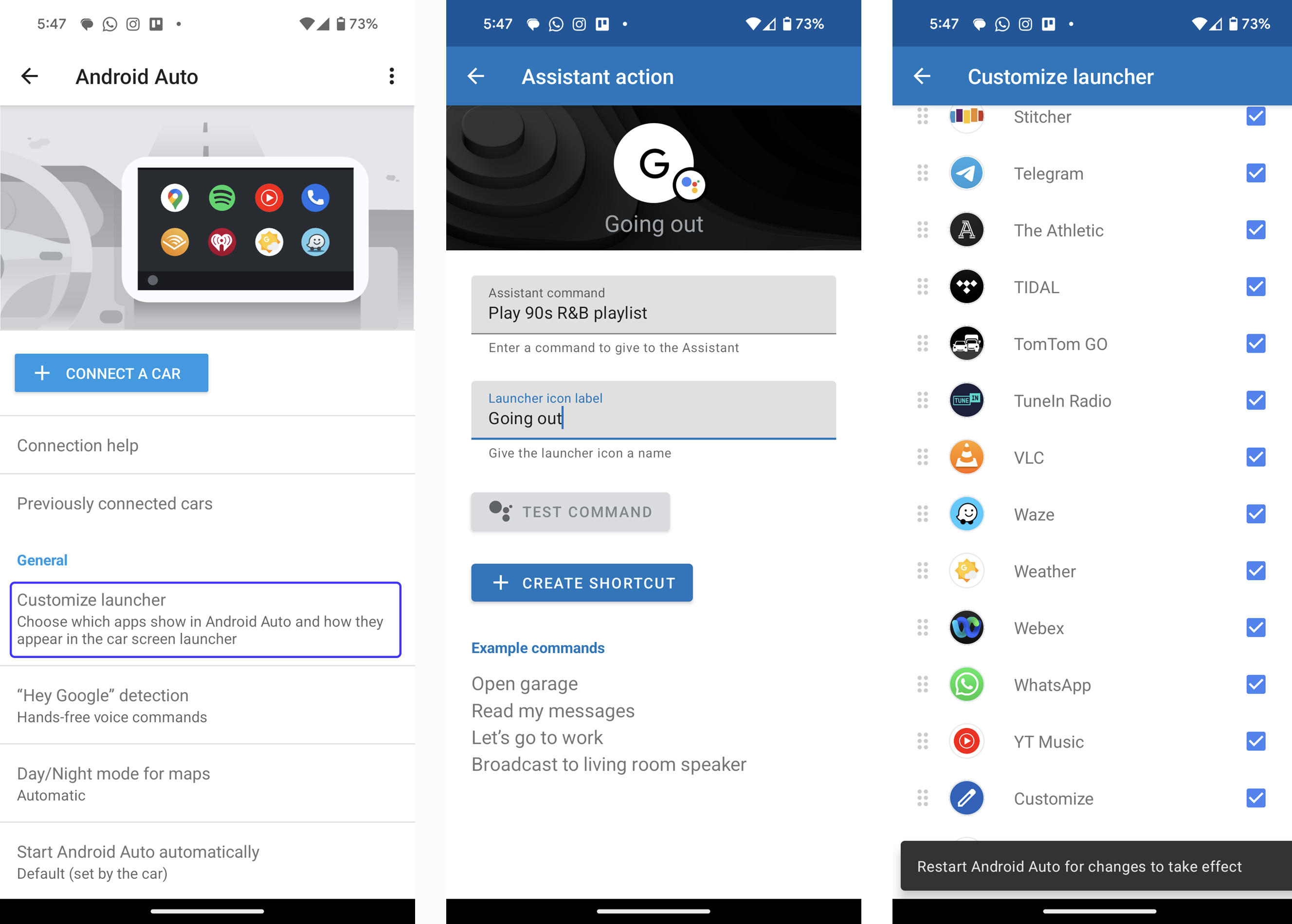 Screenshots showing initial setup for Routines in Android Auto.