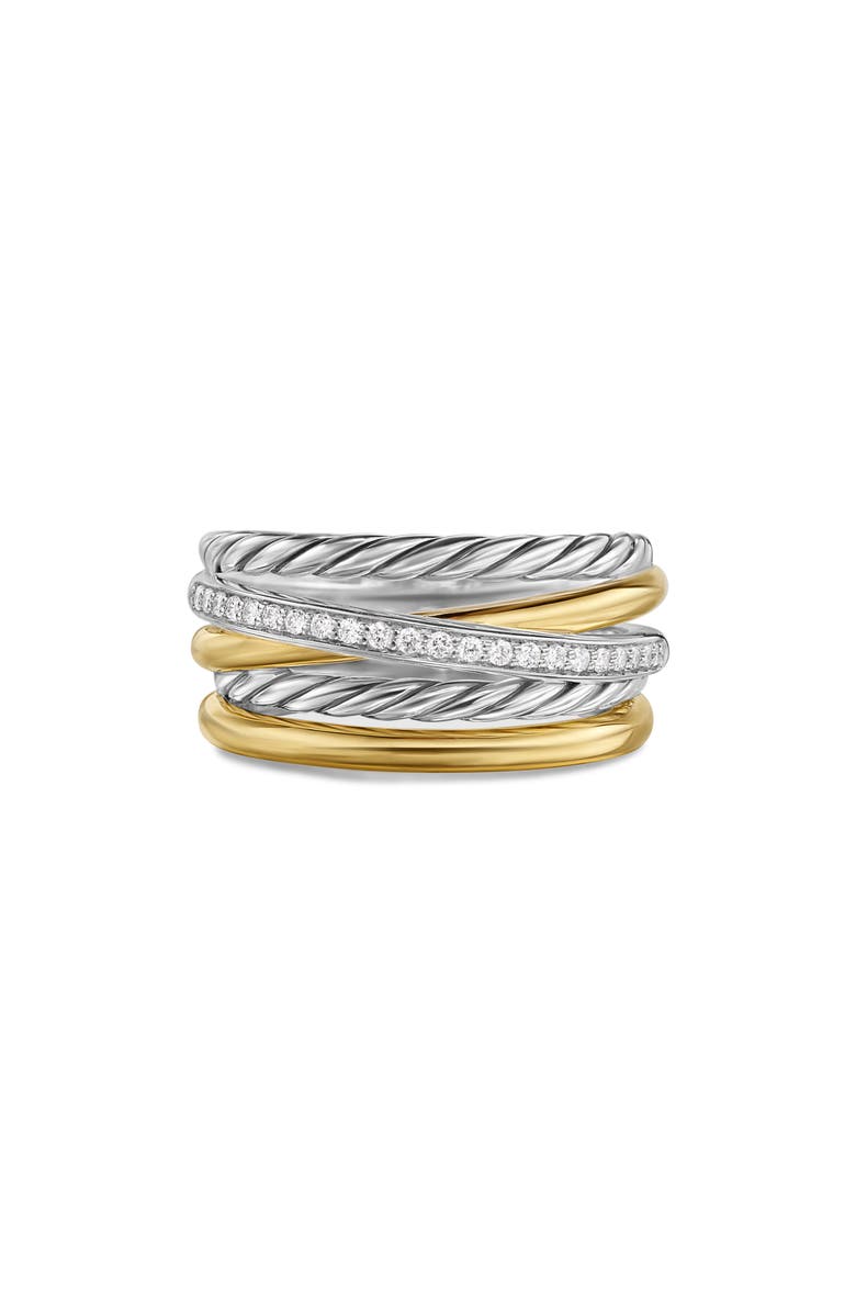 Crossover Five-Row Ring in Sterling Silver With 18k Yellow Gold and Diamonds, 11mm