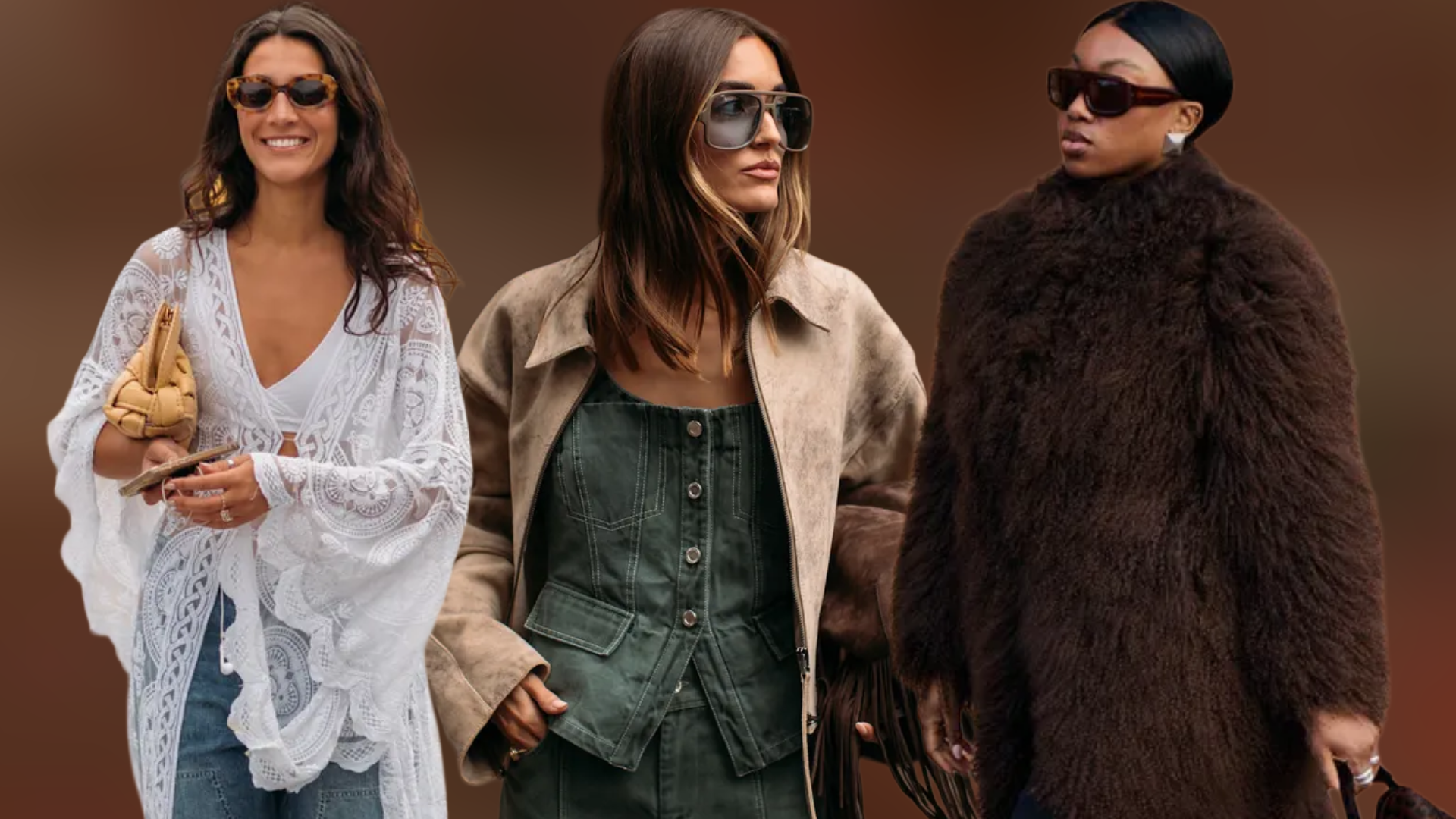 woman wearing a white lace shirt, a denim top, a suede jacket, and a faux fur jacket