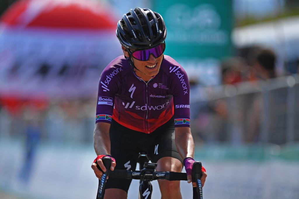 MONTE MATAJUR ITALY JULY 10 Ashleigh Moolman Pasio of South Africa and Team SD Worx celebrates at arrival during the 32nd Giro dItalia Internazionale Femminile 2021 Stage 9 a 1226km stage from FelettoUmberto to Monte Matajur 1267m GiroDonne UCIWWT on July 10 2021 in Monte Matajur Italy Photo by Luc ClaessenGetty Images