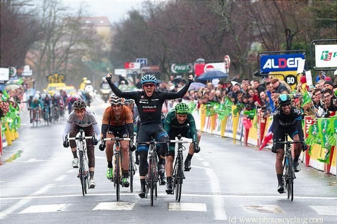 An ecstatic Andrew Talansky (Garmin-Sharp) celebrates victory in stage 3 at Paris-Nice.