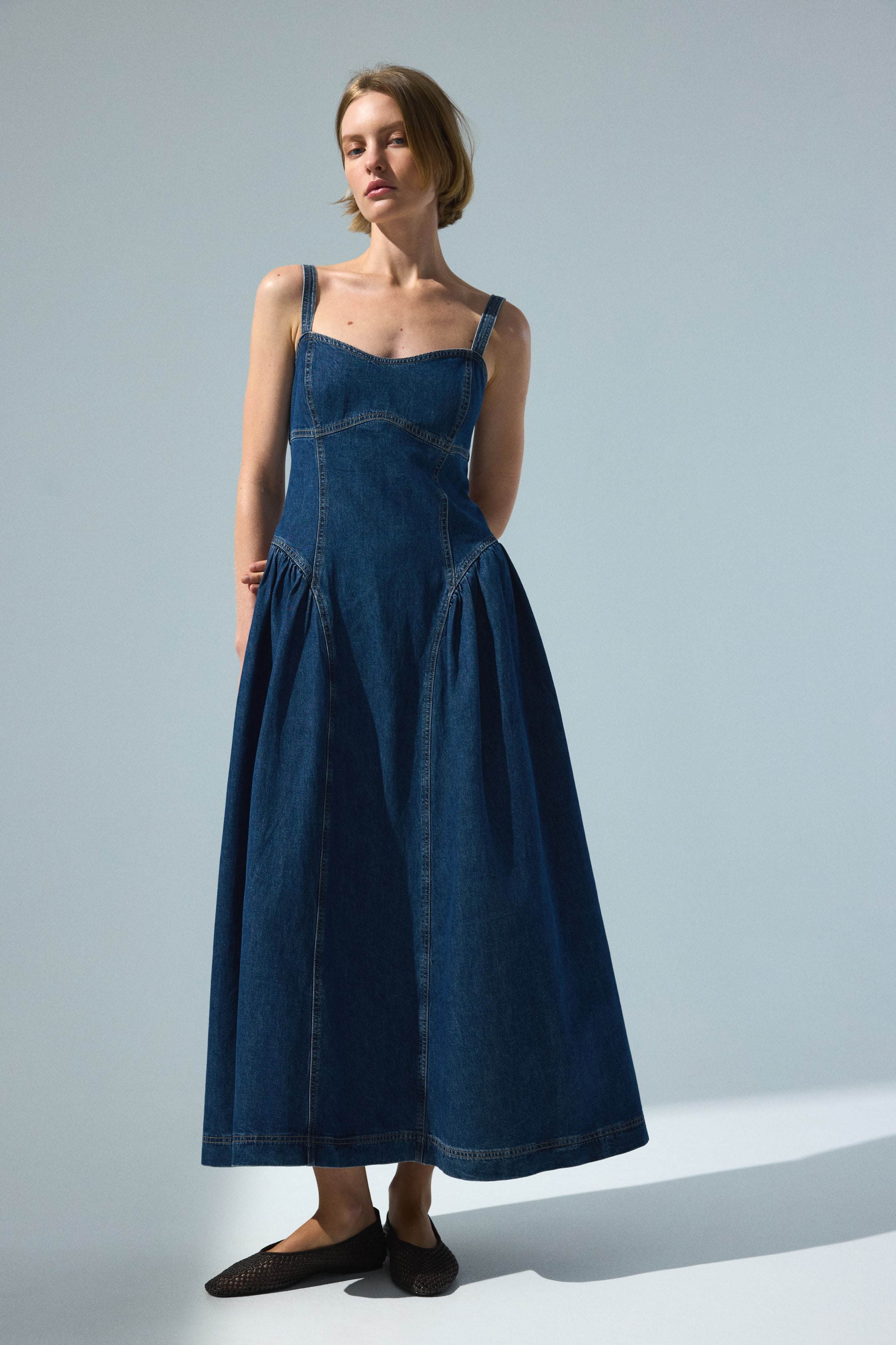 Flared-Skirt Denim Dress - Denim Blue