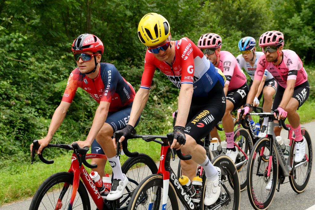 NOGARO FRANCE JULY 04 LR Tom Pidcock of United Kingdom and Team INEOS Grenadiers and Dylan Van Baarle of The Netherlands and Team JumboVisma compete during the stage four of the 110th Tour de France 2023 a 1818km stage from Dax to Nogaro UCIWT on July 04 2023 in Nogaro France Photo by David RamosGetty Images