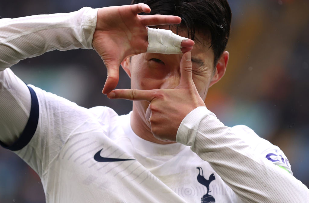 Son Heung-Min of Tottenham Hotspur celebrates scoring his sides third goal during the Premier League match between Aston Villa and Tottenham Hotspur at Villa Park on March 10, 2024 in Birmingham, England. 