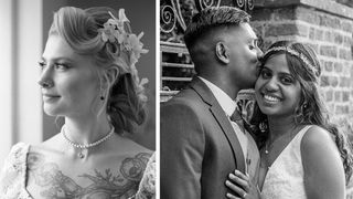 A split image featuring a bride with a floral hair accessory and a groom in a suit, both in elegant black and white tones