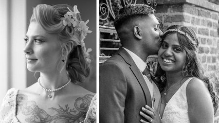 A split image featuring a bride with a floral hair accessory and a groom in a suit, both in elegant black and white tones