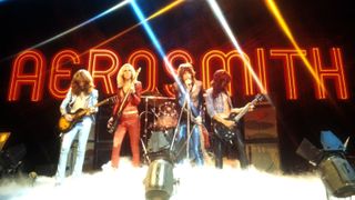 Brad Whitford, Tom Hamilton, Joey Kramer (drums), Steven Tyler and Joe Perry of Aerosmith perform on 'The Midnight Special" in 1974.