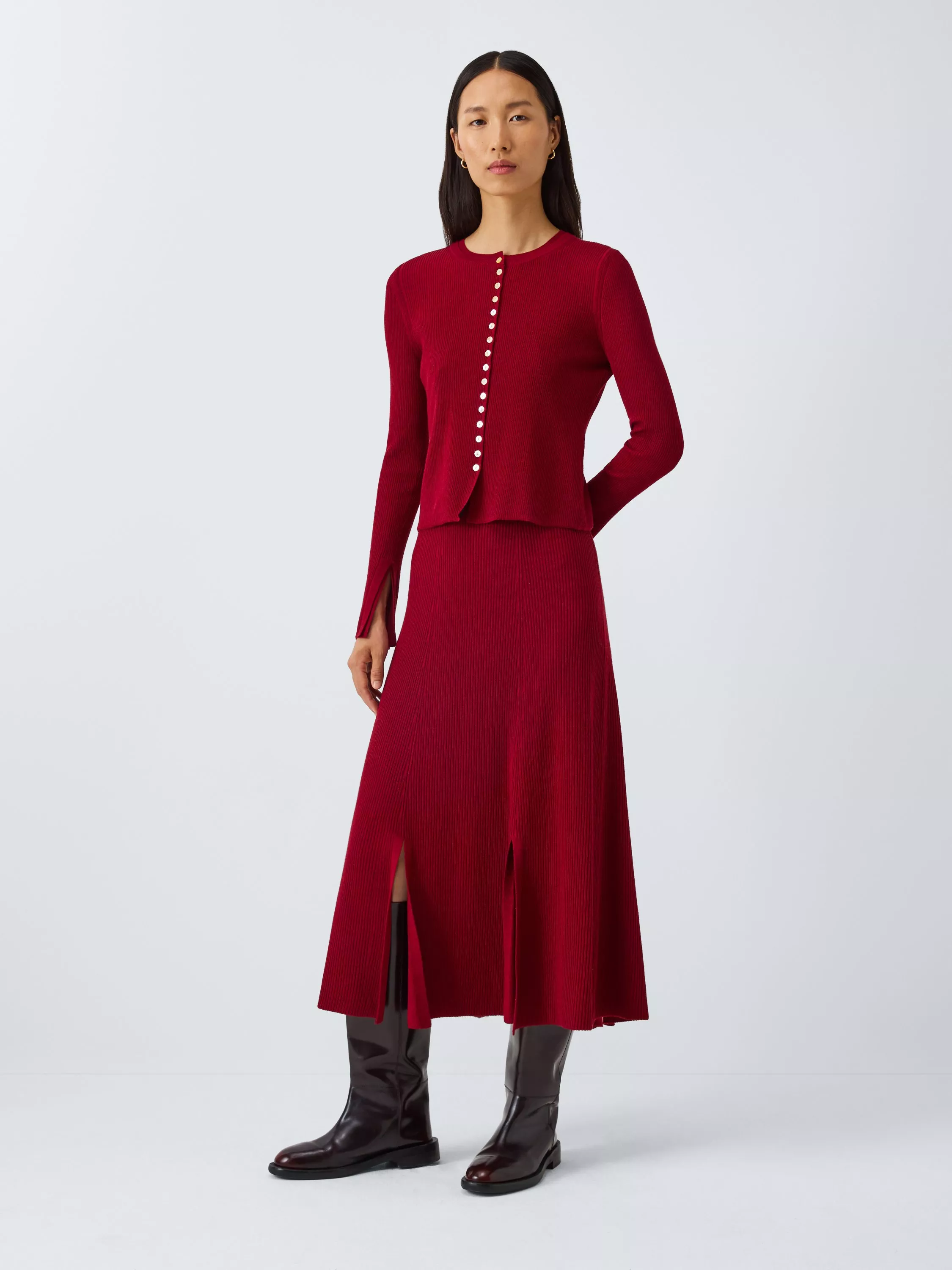 John Lewis X Rejina Pyo Merino Wool Blend Rib Knit Split Detail Midi Skirt, Berry