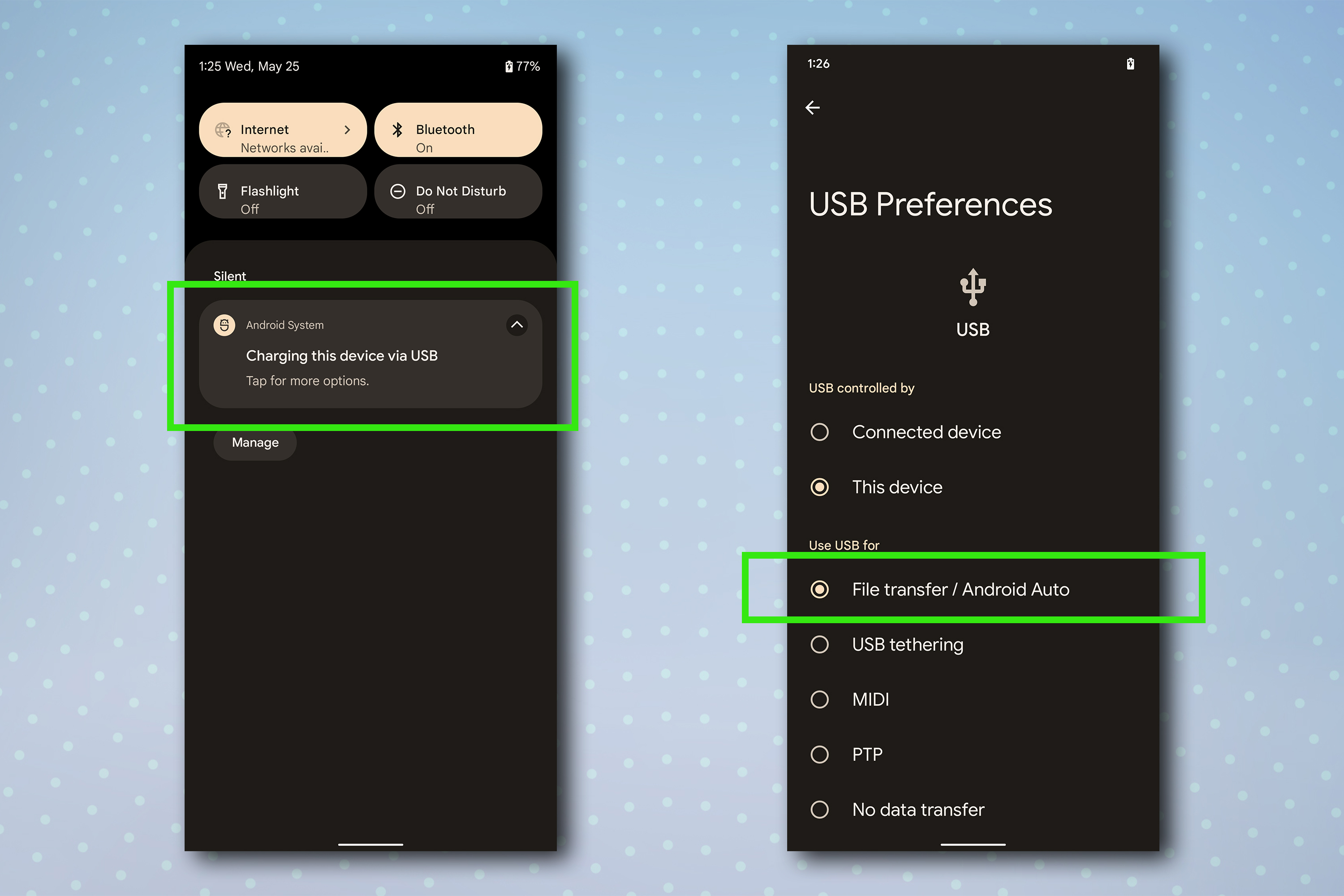 A screenshot showing the stages required to transfer photos from Android to Mac