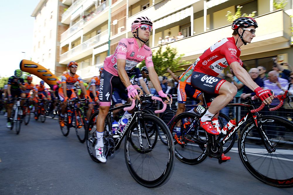 Italian cyclist Gianluca Brambilla of team Etixx - Quick Step rides to the start of the 10th stage of the 99th Giro d'Italia
