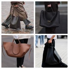 collage of fashion week attendees and street style models with leather tote bags 