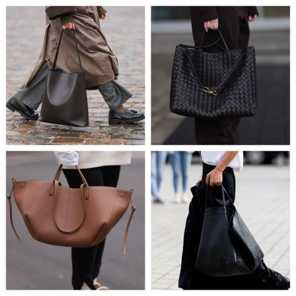 collage of fashion week attendees and street style models with leather tote bags 