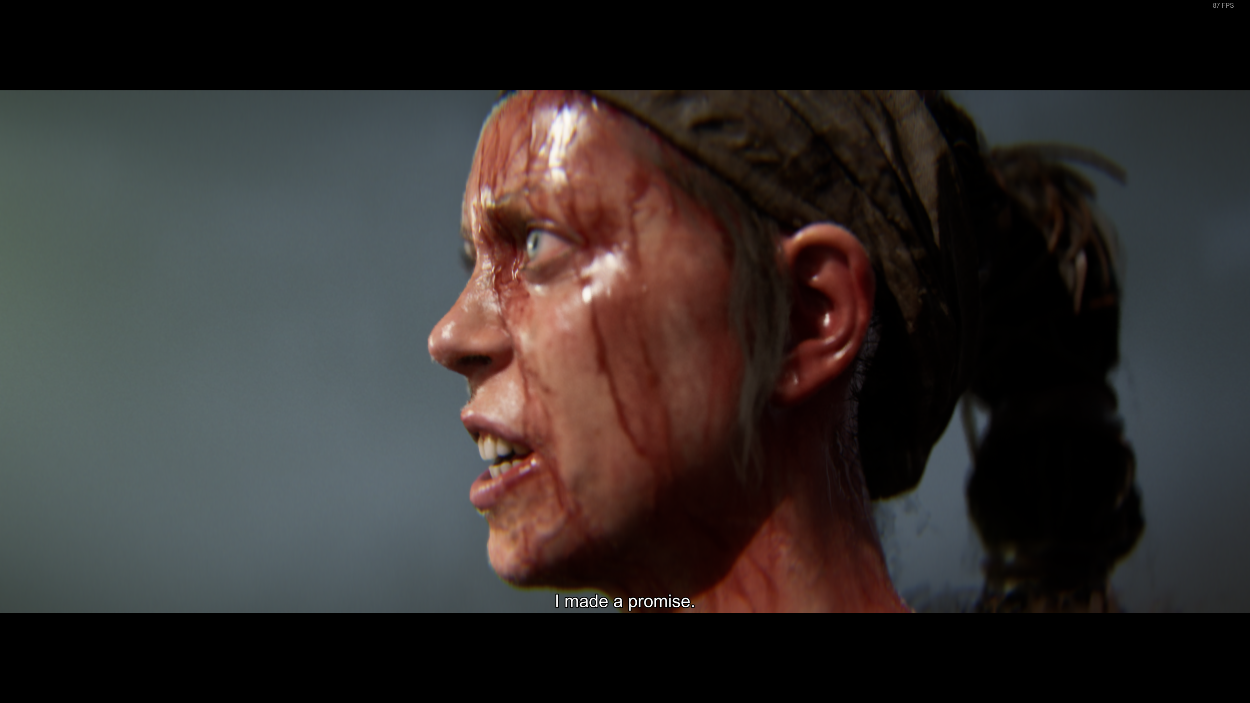 Senua, shown from the side in a big ol' rage