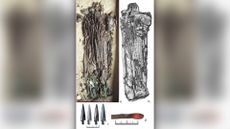 A photo of a quiver next to an illustation of it above 