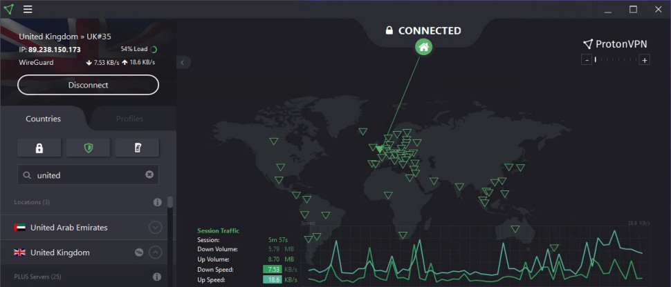 ProtonVPN – kartgrensesnitt.