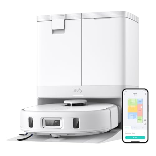 Eufy X10 Pro Omni Robot Vacuum and Mop Combo, 8,000 Pa Suction, Dual Mops With 12 Mm Auto-Lift and Carpet Detection, Ai Obstacle Avoidance, Auto Mop Washing, Auto Drying, Self-Emptying, White
