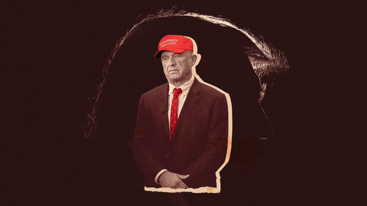 Photo collage of RFK Jr, standing solemnly against a huge silhouette of Trump. He is wearing a red tie and a MAGA hat.