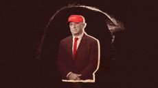 Photo collage of RFK Jr, standing solemnly against a huge silhouette of Trump. He is wearing a red tie and a MAGA hat.