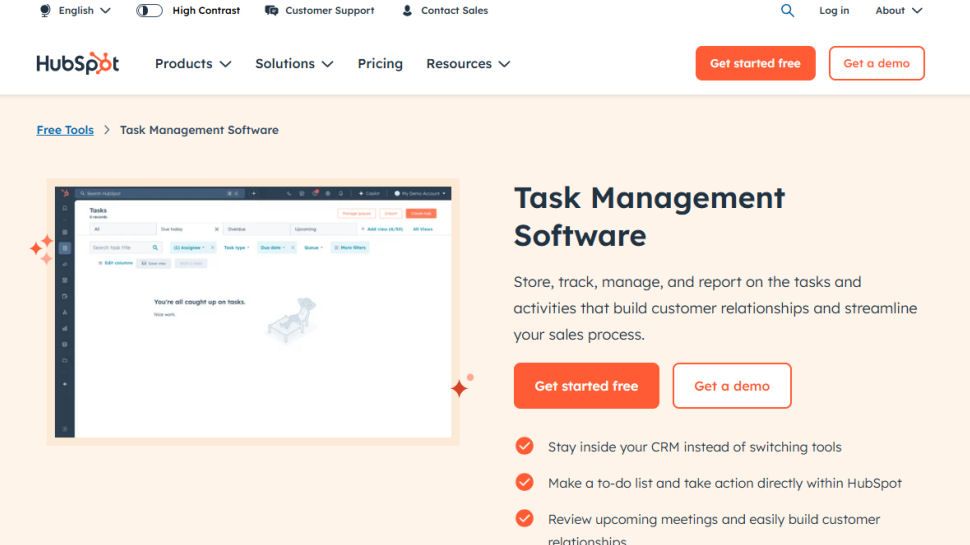 HubSpot Task Management website screenshot (May 2025)