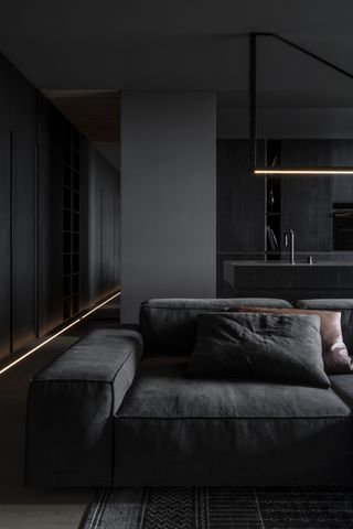 Dark interior design featuring grey sofa