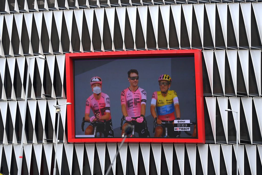 BILBAO SPAIN JULY 01 A screen shows LR Magnus Cort of Denmark Alberto Bettiol of Italy and Richard Carapaz of Ecuador and Team EF EducationEasyPost to prior to the stage one of the 110th Tour de France 2023 a 182km stage from Bilbao to Bilbao UCIWT on July 01 2023 in Bilbao Spain Photo by Tim de WaeleGetty Images