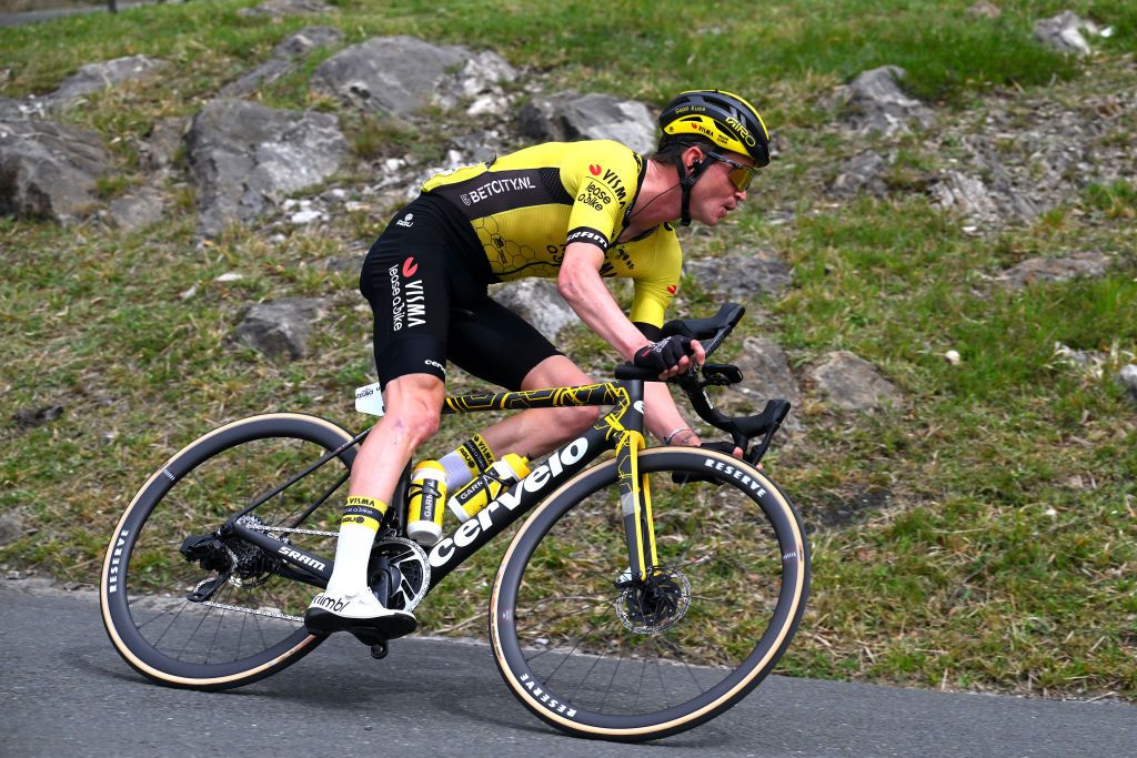 EIBAR SPAIN APRIL 06 Sepp Kuss of The United States and Team Visma Lease a Bike competes in the breakaway during the 63rd Itzulia Basque Country 2024 Stage 6 a 1378km stage from Eibar to Eibar UCIWT on April 06 2024 in Eibar Spain Photo by Tim de WaeleGetty Images