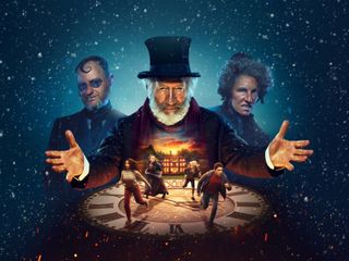 Mark Gatiss, Simon Callow and Tamsin Greig in character as Mr Wickens, Mr Blunden and Mrs Wickens in the key image for The Amazing Mr Blunden. The image shows the three of them surrounded by snow against a blue background, while an image of the country house from the film is superimposed over Mr Blunden's chest, and in front of them is clock face, on top of which the four child characters from the film are running away from the house