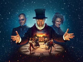 Mark Gatiss, Simon Callow and Tamsin Greig in character as Mr Wickens, Mr Blunden and Mrs Wickens in the key image for The Amazing Mr Blunden. The image shows the three of them surrounded by snow against a blue background, while an image of the country house from the film is superimposed over Mr Blunden&#039;s chest, and in front of them is clock face, on top of which the four child characters from the film are running away from the house