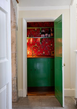 home bar with green door and drinks shelf