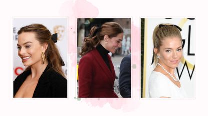 composite of margot robbie kate middleton and sienna miller wearing the hair bow wedding guest trend 
