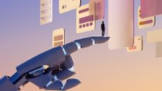 AI productivity concept image showing a small human standing on the fingertip of a large robotic hand while interacting with digital interfaces.