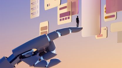 AI productivity concept image showing a small human standing on the fingertip of a large robotic hand while interacting with digital interfaces.