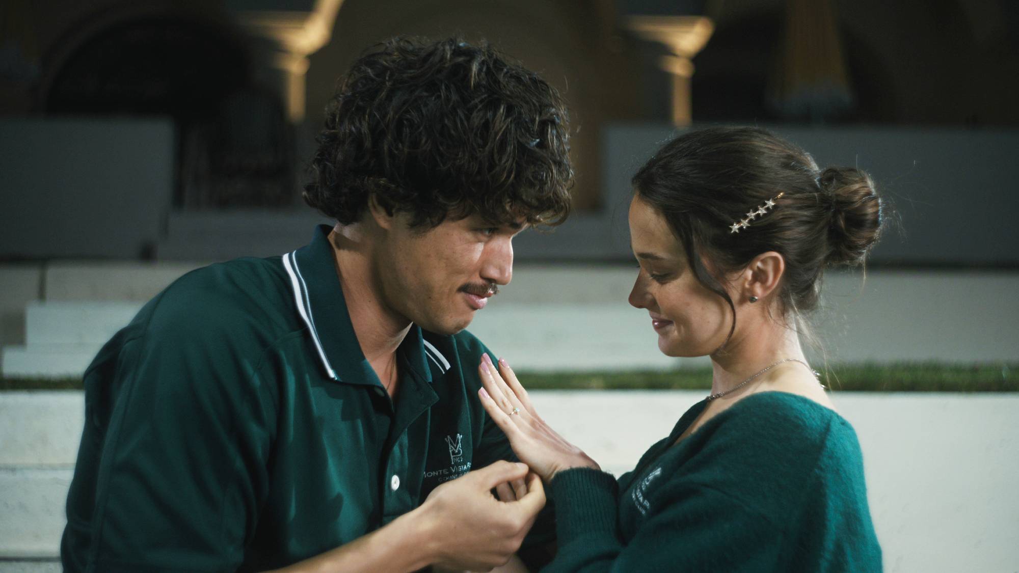 Charles Melton as Austin Davis and Cailee Spaeny as Ashley Miller in "Beef" season 2 on Netflix