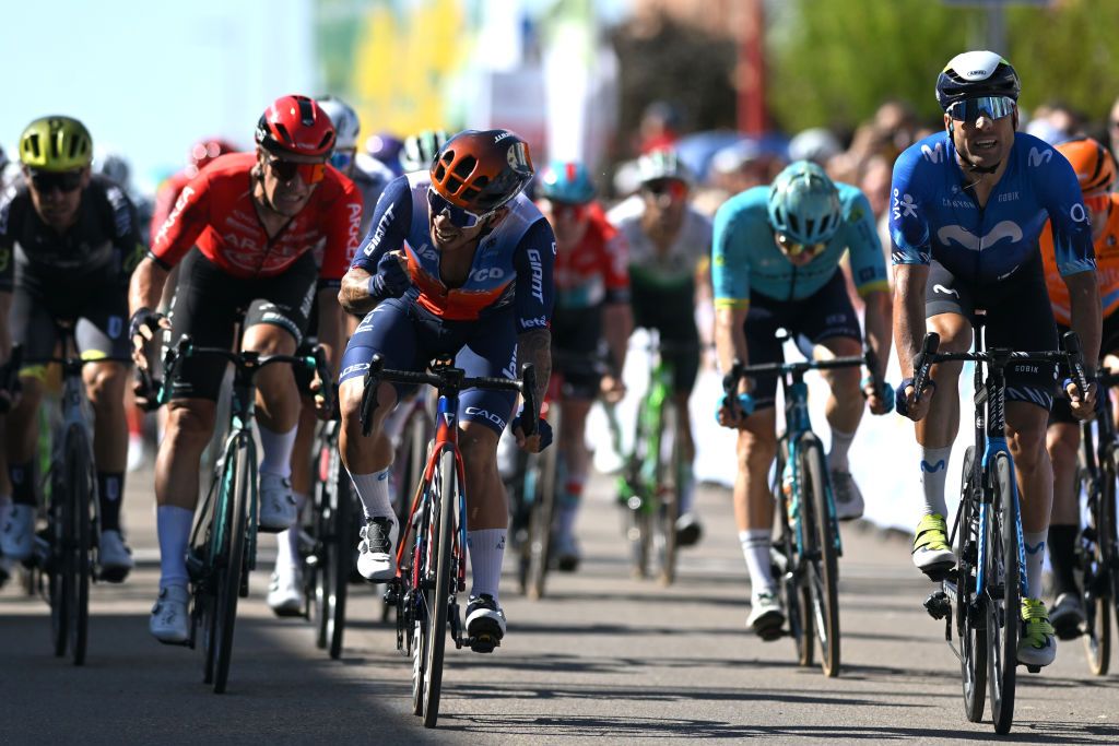 LA CISTERNIGA SPAIN JULY 23 LR Caleb Ewan of Australia and Team Jayco AlUla celebrates at finish line as race winner ahead of Davide Cimolai of Italy and Movistar Team during the 38th Clasica Ciclista Internacional a Castilla y Leon 2024 a 1997km one day race from Valladolid to La Cisterniga on July 23 2024 in La Cisterniga Spain Photo by Dario BelingheriGetty Images