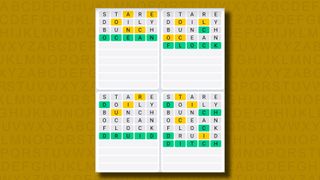 Quordle Daily Sequence answers for game 1017 on a yellow background