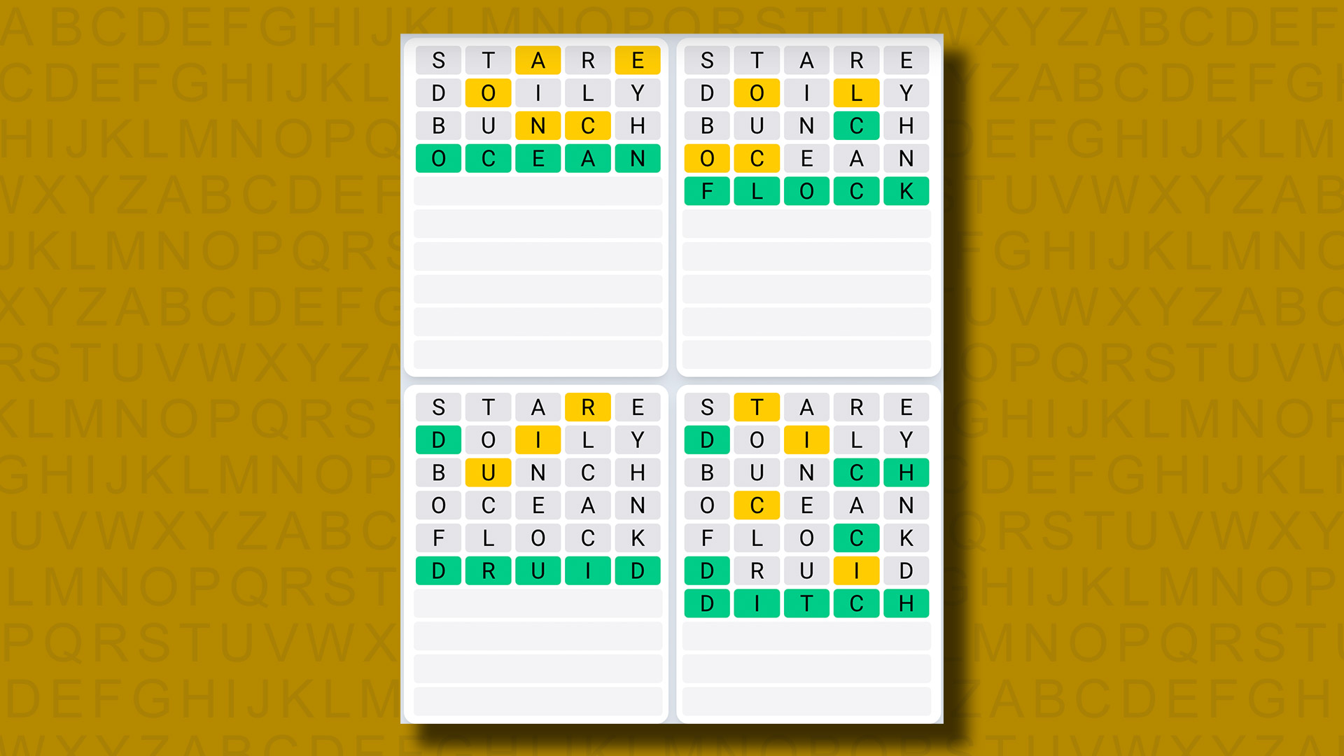 پاسخ Quordle Daily Sequence برای بازی 1017 در پس زمینه زرد