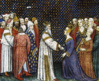 a painting of Basina of Thuringia marrying Childeric I, by a 15th century painter