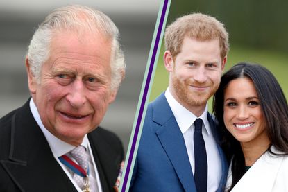 King Charles pictures smiling, side by side in a template with Harry and Meghan