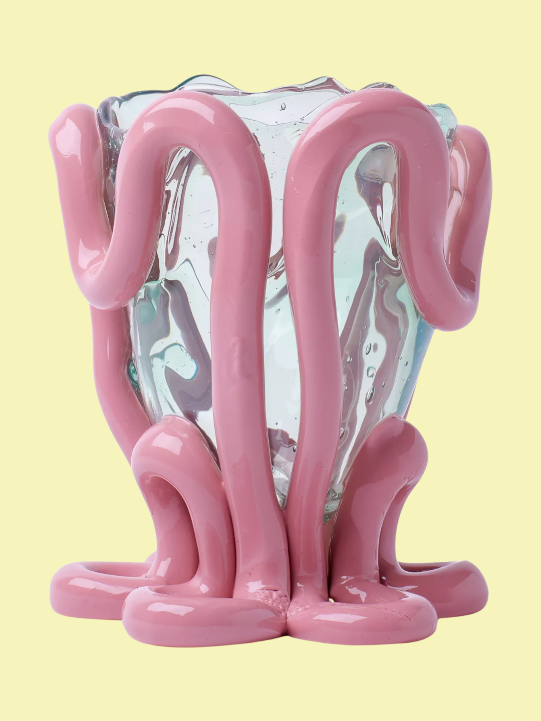 A clear vase with puffed bubble gum pink detailing