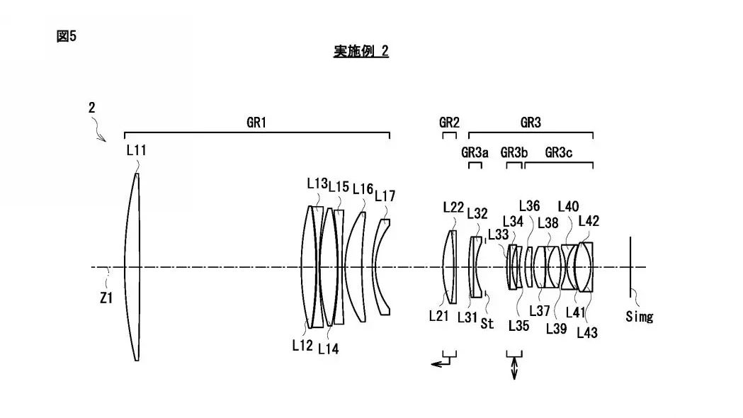 Sony Patent Application: 400mm f/2.8: Schematic diagram of a multi-lens optical system, detailing lens arrangement and light paths with labeled components