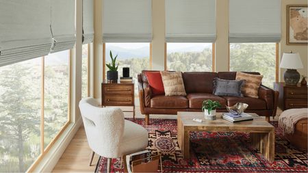 Small living room with windows revealing trees and green space outside, partially covered by gray blinds. Pictured in the living room are a brown sofa, a white armchair, wooden drawers and coffee table, and a red patterned rug.