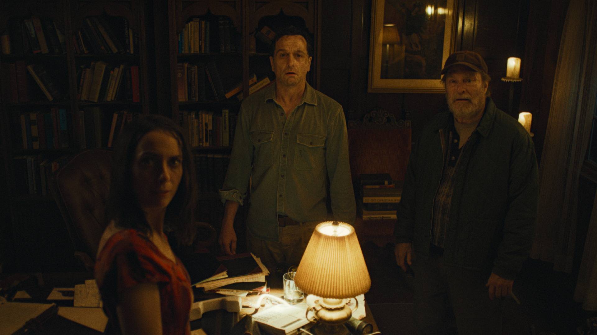 Tom Loftis (Matthew Rhys), Patricia (Kate O'Flynn) and Wyck (Stephen Root) looking stunned in Widow's Bay