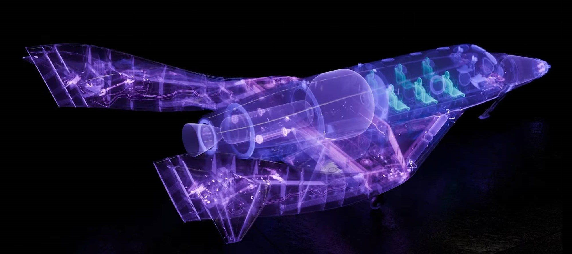a see-through rendering of a v-shaped aircraft on a plain black background