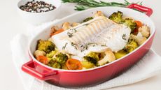 Baked white fish and vegetables